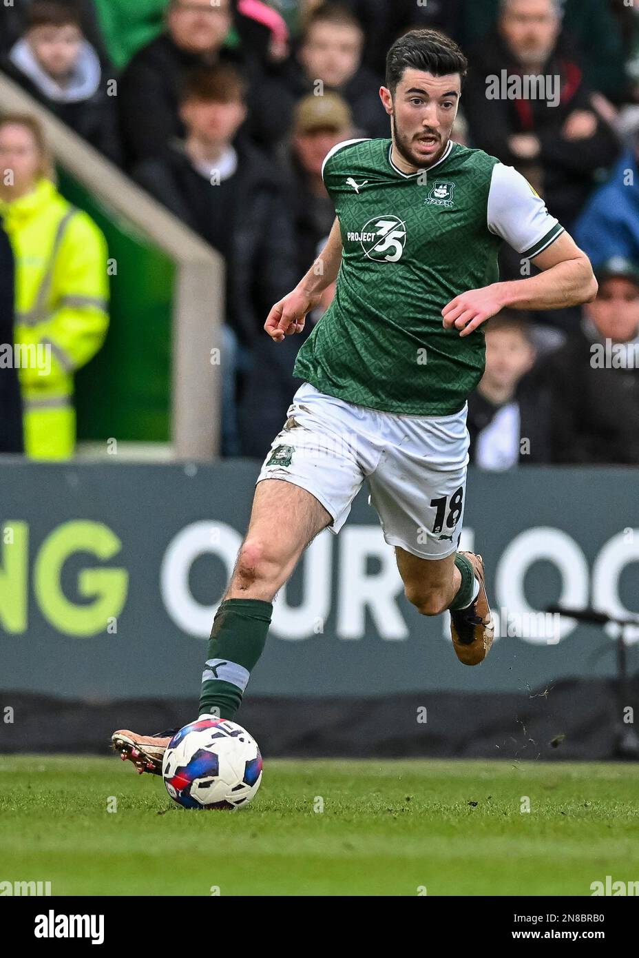 Plymouth Argyle midfielder Finn Azaz (18) on the ball during the Sky ...