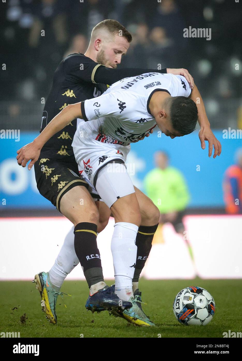 Charleroi's Jonas Bager and Seraing's Sami Lahssaini fight for the ball during a soccer match between Sporting Charleroi and RFC Seraing, Saturday 11 February 2023 in Charleroi, on day 25 of the 2022-2023 'Jupiler Pro League' first division of the Belgian championship. BELGA PHOTO VIRGINIE LEFOUR Credit: Belga News Agency/Alamy Live News Stock Photo