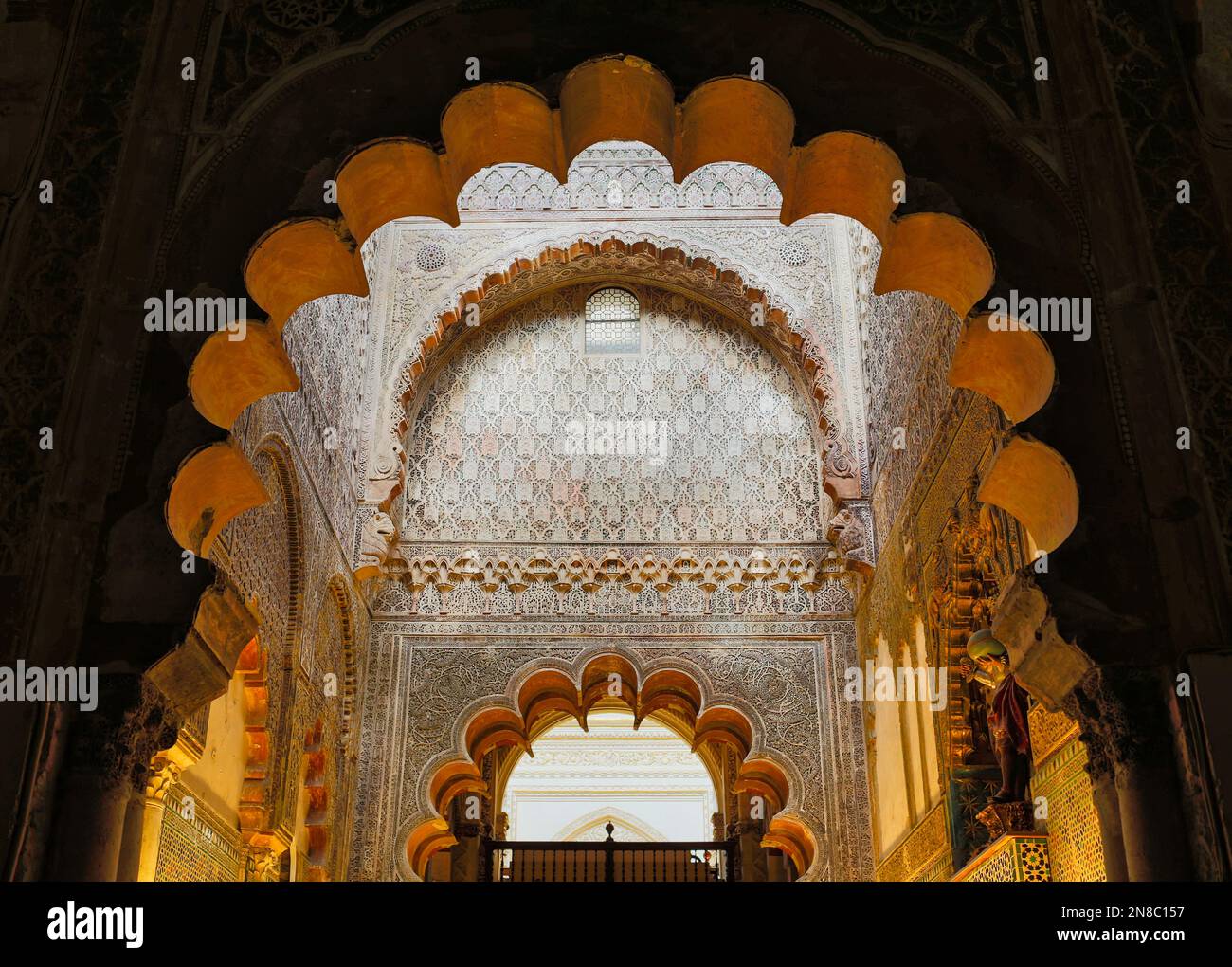 Moorish architectural elements.  Interior of the Great Mosque of Cordoba or La Mezquita, Cordoba, Cordoba Province, Andalusia, southern Spain.  The hi Stock Photo