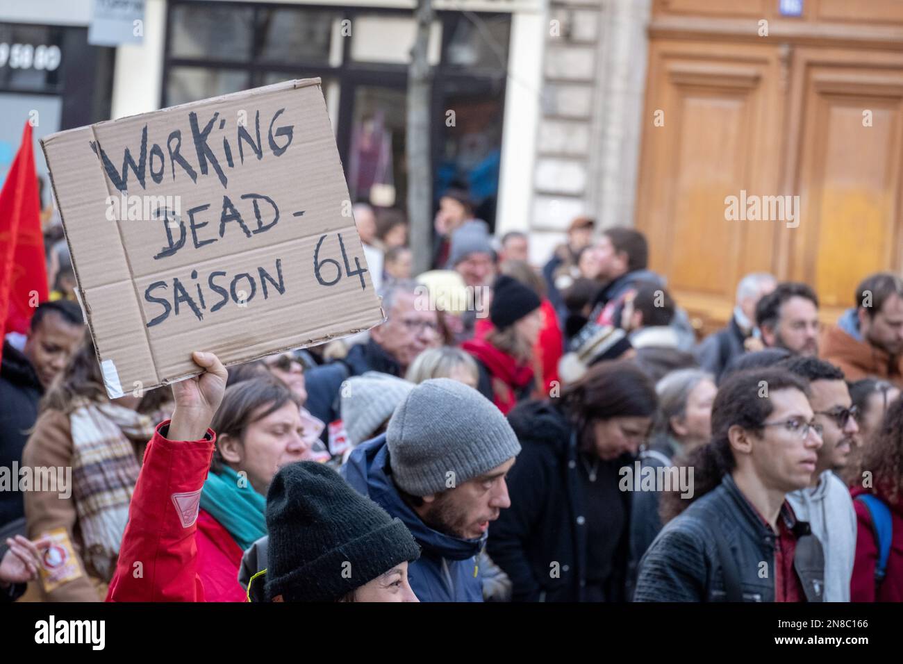 Paris, France, 11th February, 2023. Funny placard for pension reform demonstration - Jacques Julien/Alamy Live News Stock Photo