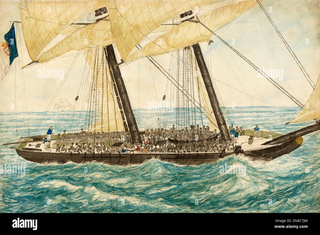 The Portuguese slaver Diligenté captured by H.M. Sloop Pearl with 600 slaves on board, taken in charge to Nassau.  By Lieutenant Henry Samuel Hawker. Stock Photo