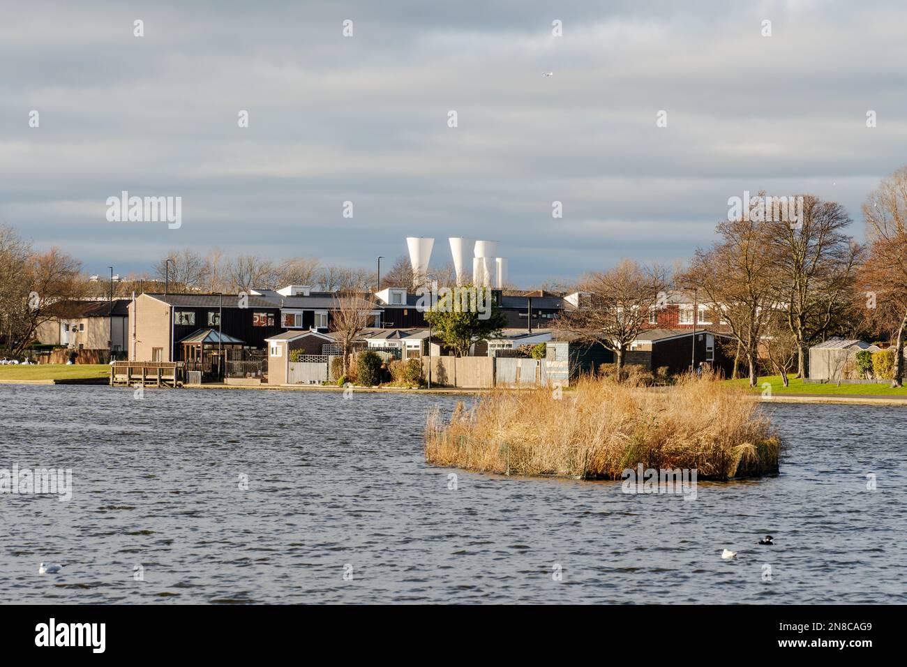 A floating island for birds and houses by the lake in Killingworth New Town, North Tyneside, UK. Stock Photo
