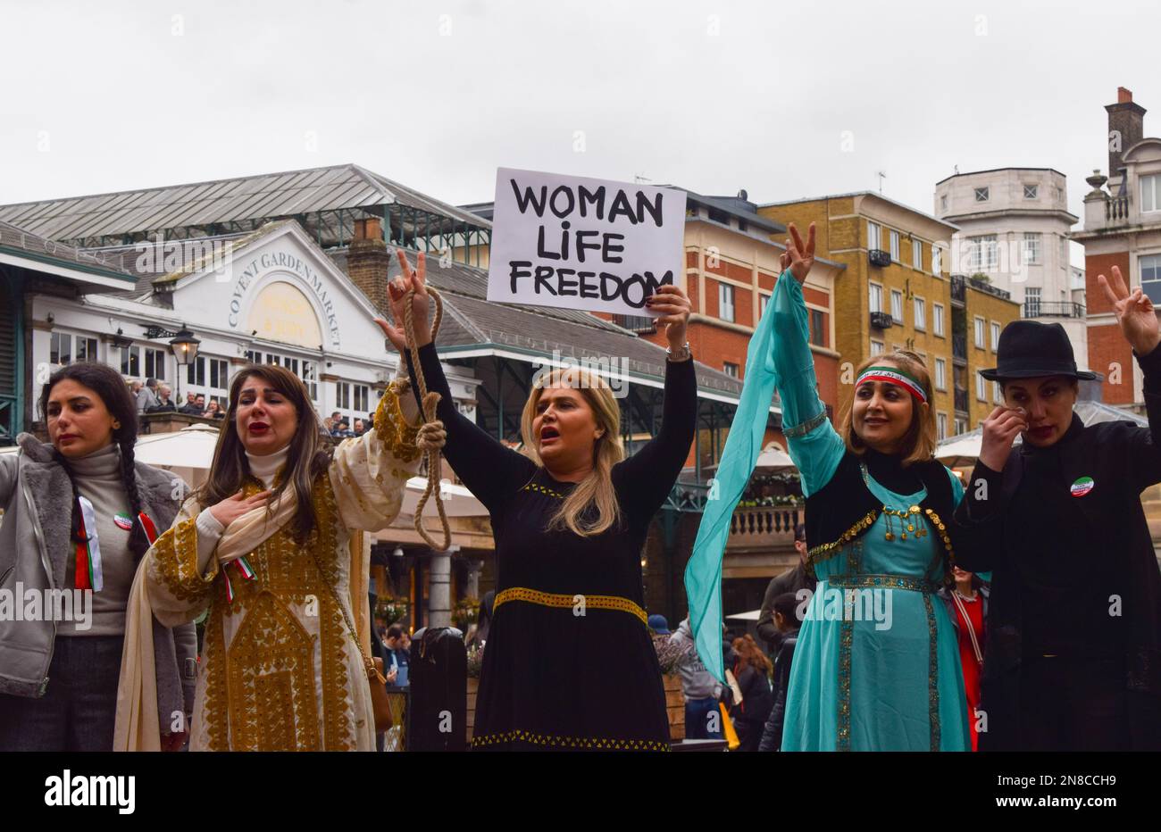 London, UK. 11th February 2023. A group of women staged a performance in Covent Garden in protest against the Iranian regime and the executions in Iran, and in support of freedom for Iran. Credit: Vuk Valcic/Alamy Live News Stock Photo