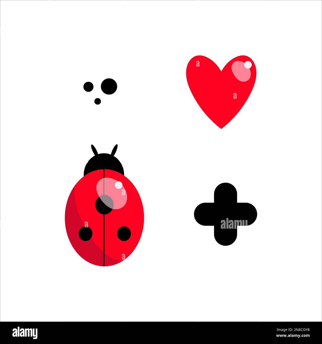Ladybirds and hearts postcard. Colourfl bug ornament. Red heart and cross Stock Vector