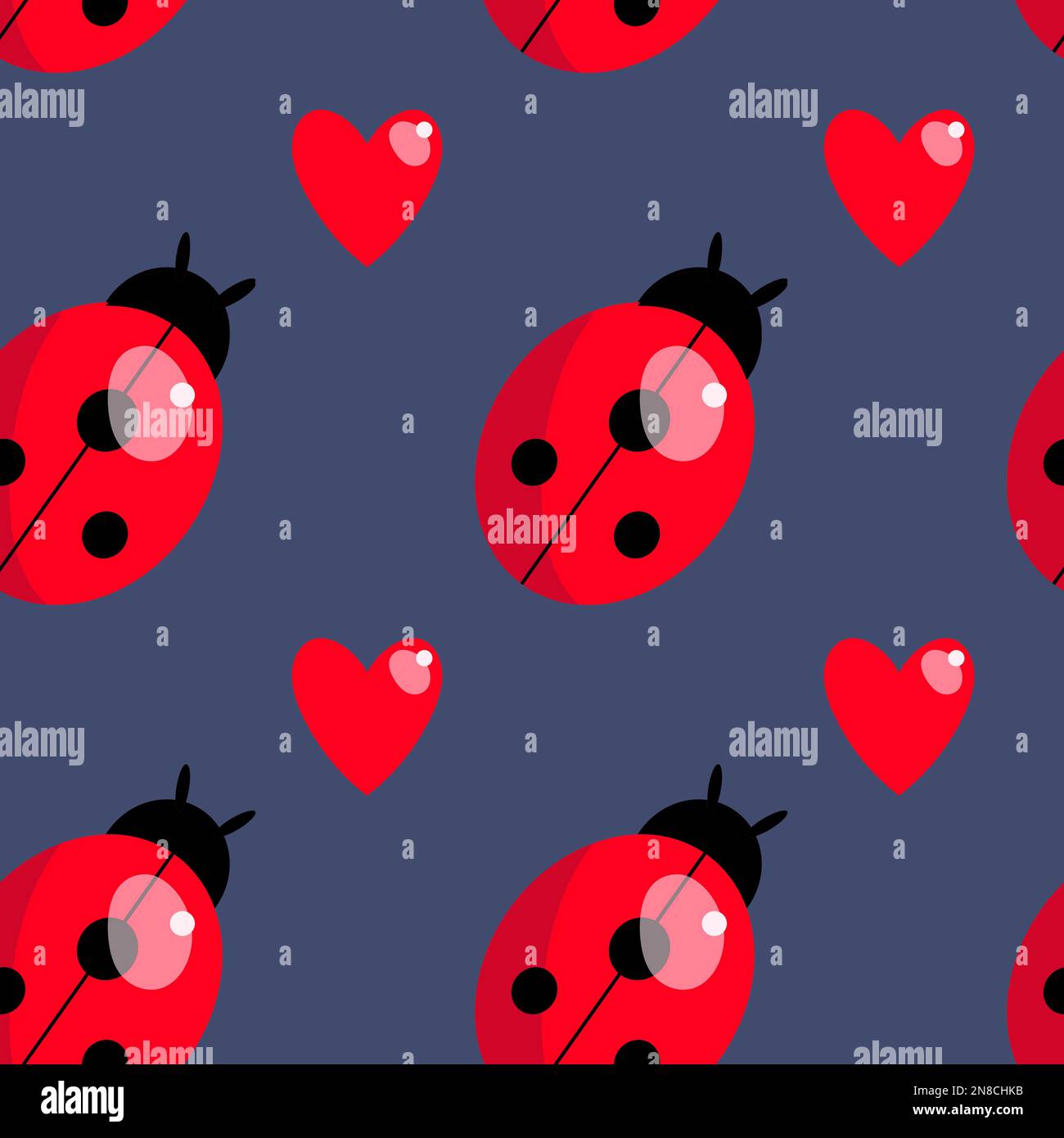 Ladybirds and hearts pattern. Colourfl bug ornament. Red hearts Stock Vector