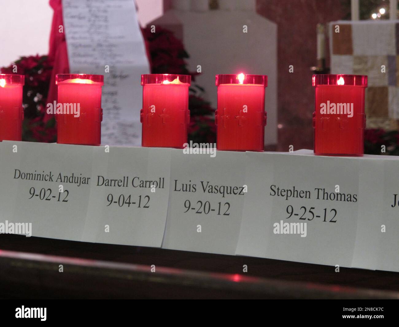 Candles in honor of victims of homicide in Camden, N.J., burn during a vigil at Cathedral of the Immaculate Conception in Camden, N.J., on Dec. 31, 2012. In the annual vigil, an hour is dedicated to remembering each homicide victim. The city of 77,000 had a record 67 homicides in 2012. (AP Photo/Geoff Mulvihill) Stock Photo