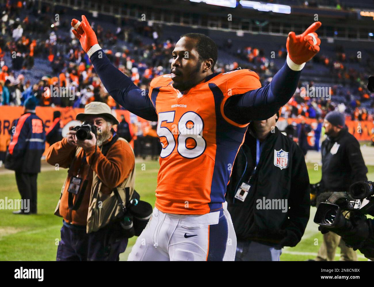 Denver Broncos outside linebacker Von Miller (58) celebrates at the end ...