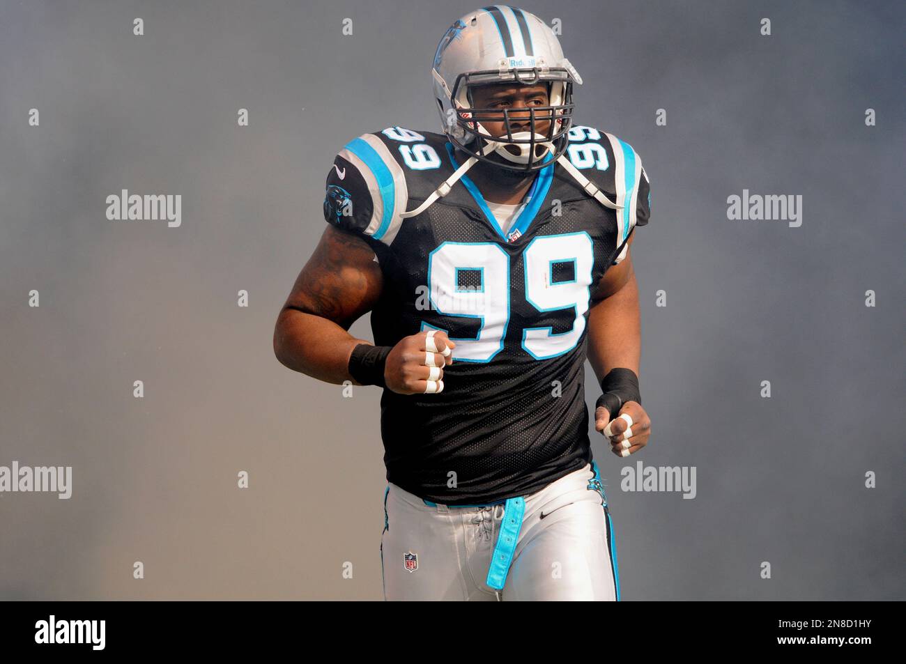 Carolina Panthers' Frank Kearse (99) on the sidelines against the Tampa Bay  Buccaneers during an NFL football game in Charlotte, N.C., Saturday, Dec. 24,  2011. The Panthers won 48-16. (AP Photo/Bob Leverone