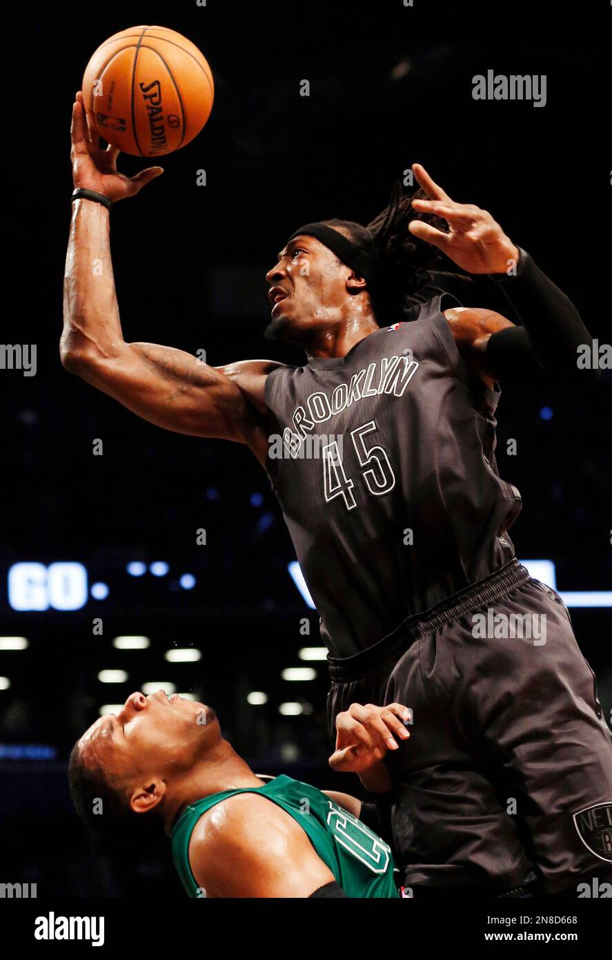 Brooklyn Nets forward Gerald Wallace (45) fouls Boston Celtics forward