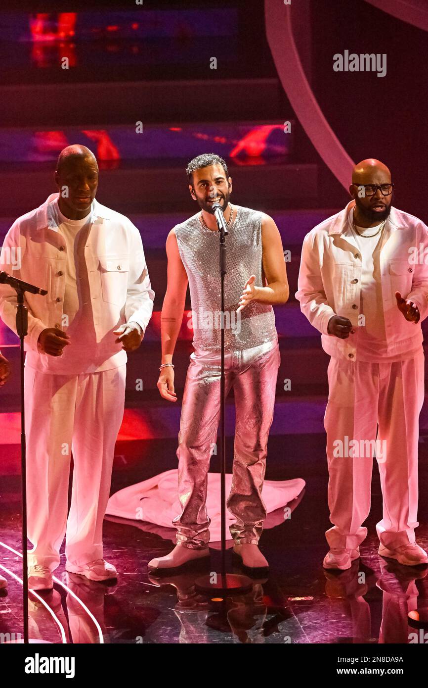 Marco Mengoni , Kingdom Choir 13 73rd Edition of Sanremo Italian Song  Festival 4th Evening Sanremo, Italy 10th February 2023 ©SGPItalia id 128783  046 047 048 Not Exclusive Credit: Sipa US/Alamy Live News Stock Photo -  Alamy