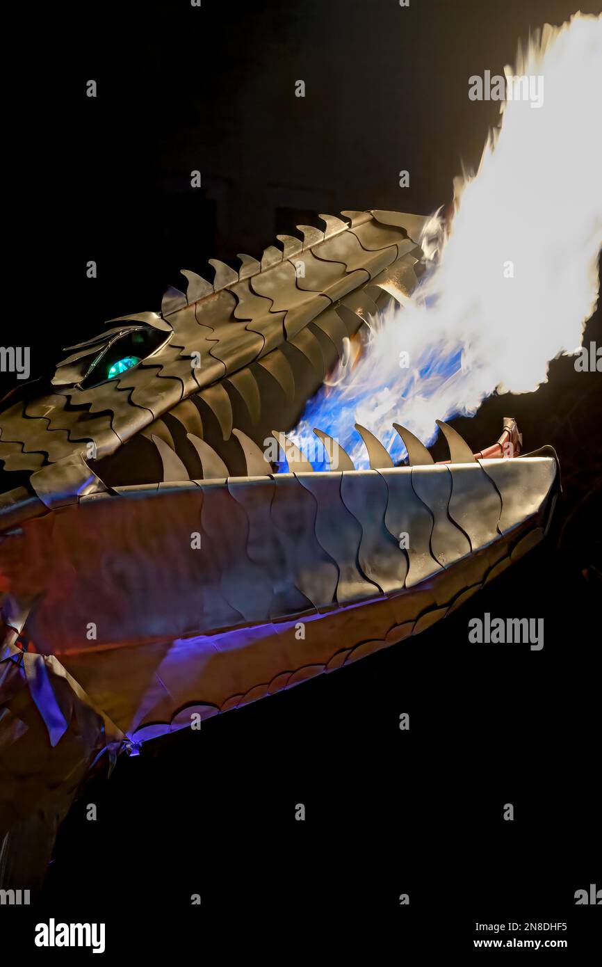 Metal fire breathing dragon at the Chinook Blast  Winter Festival, Calgary  Alberta Canada Stock Photo