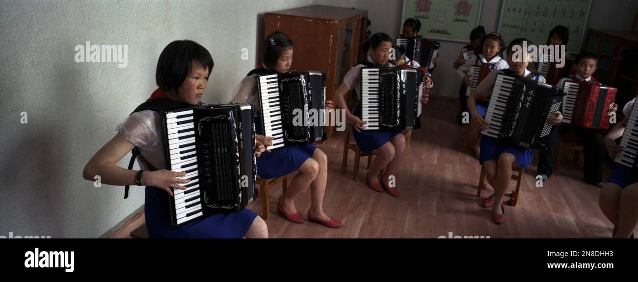 In this April 3, 2012 photo, North Korean students practice playing the