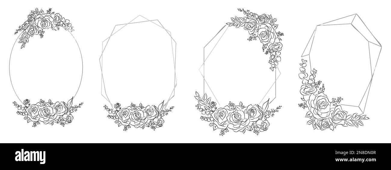 Roses frames line art monochrome vector illustrations. Stock Vector