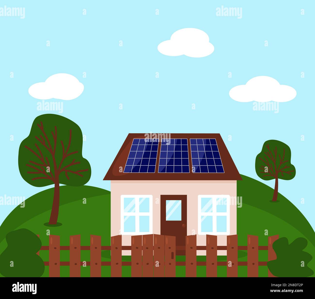 Country house with solar battery panels on roof, concept of sustainable