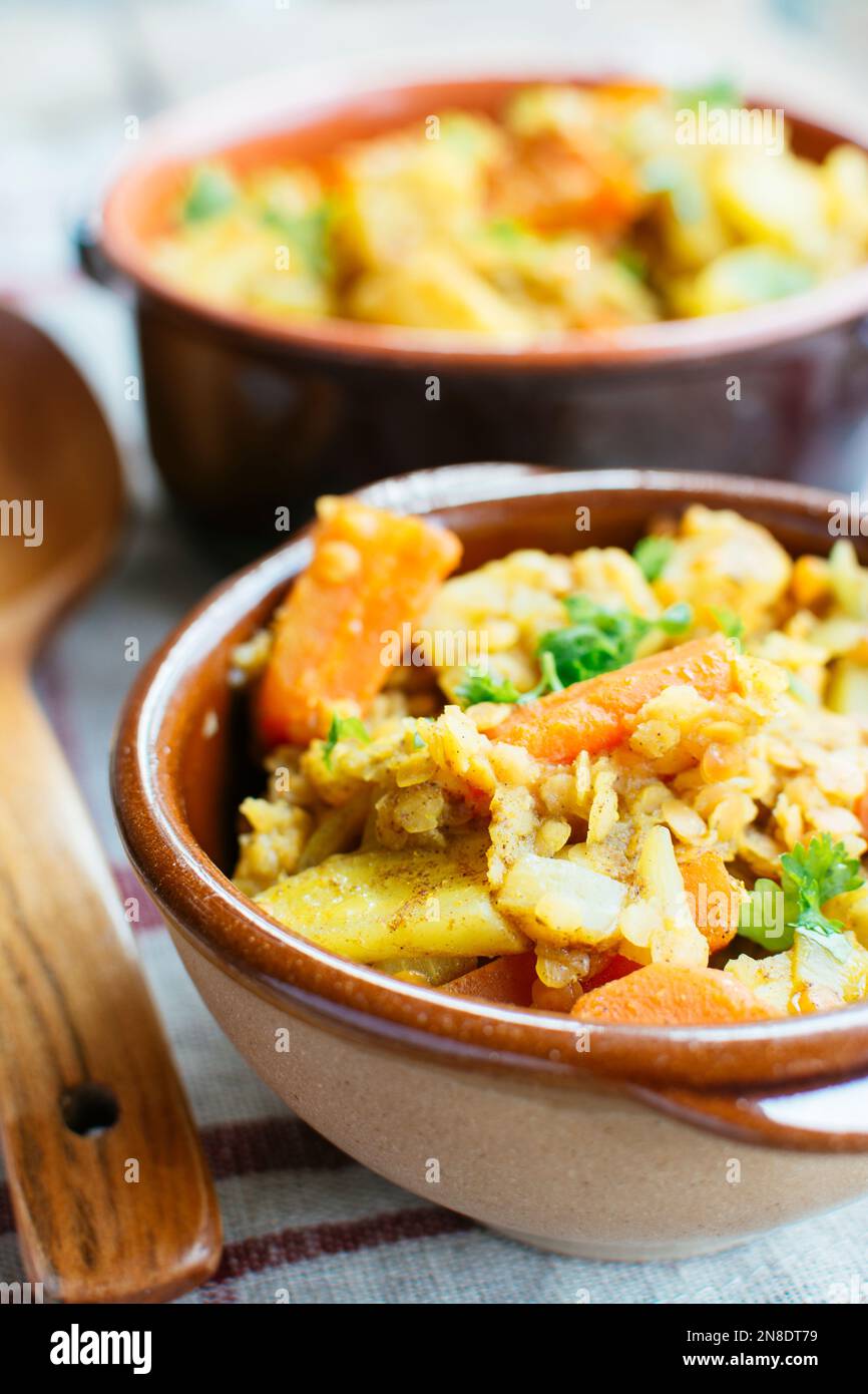 Vegan Curried Vegetables with Lentil Stew Stock Photo