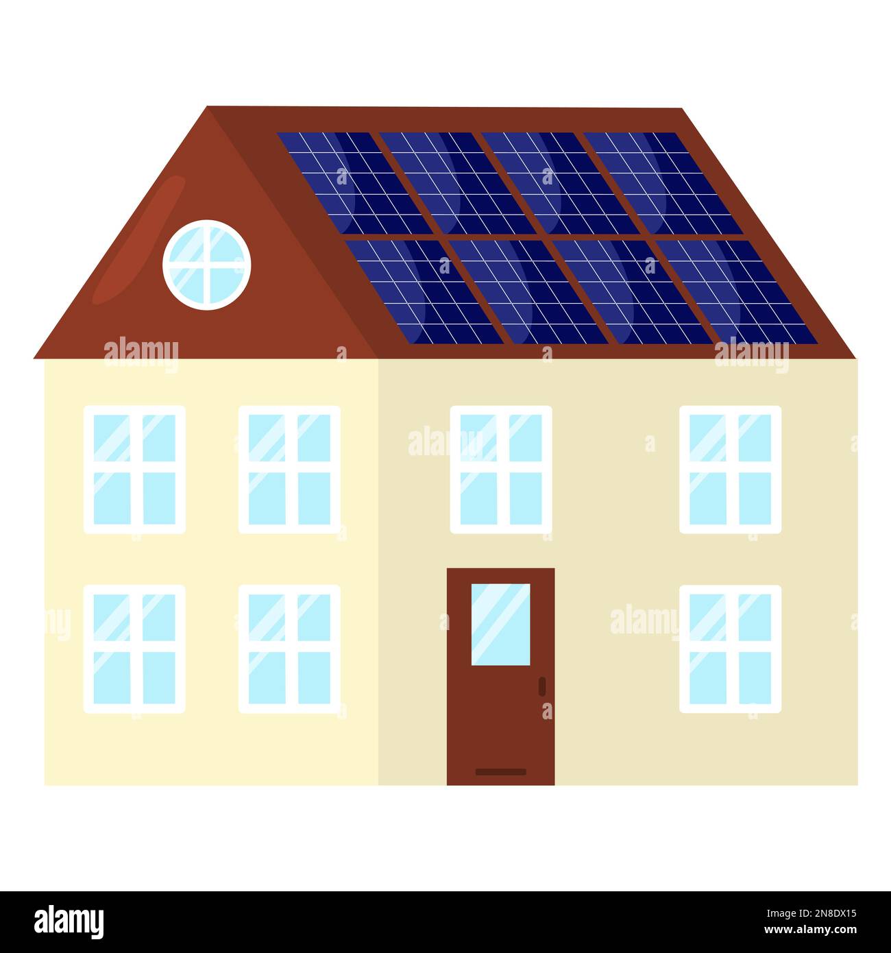Town house with solar battery panels, urban background, concept of sustainable alternative