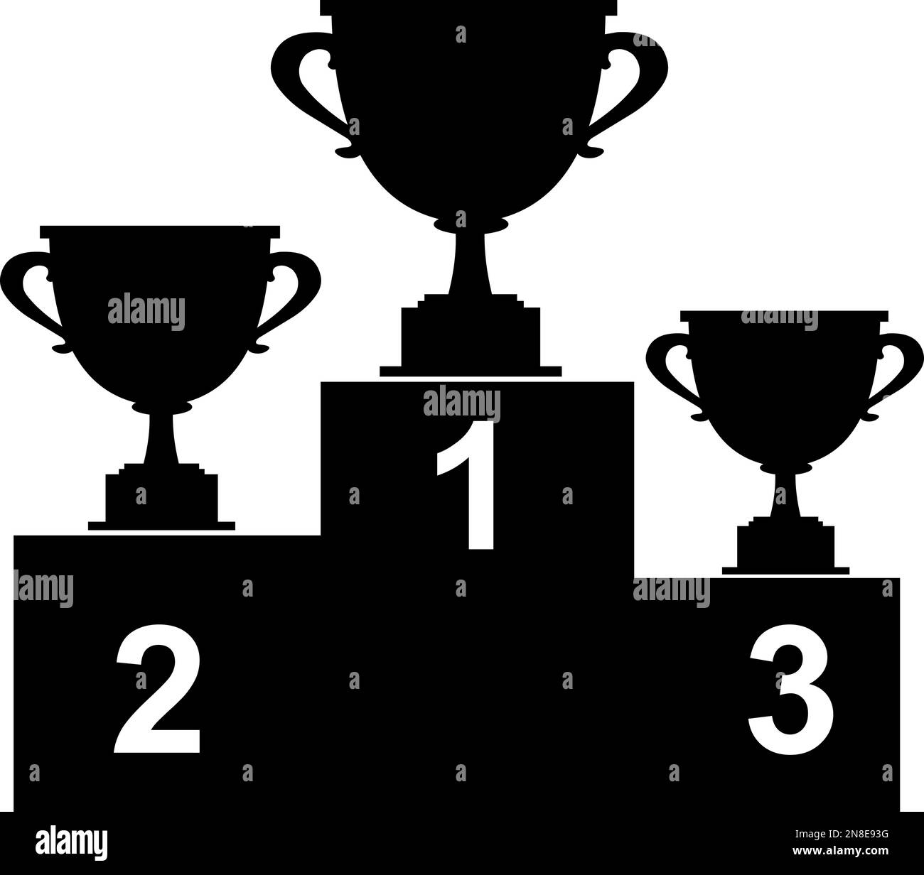 vector illustration icon of first, second and third place  of the silhouette of trophy cups on a platform, designed in black and white Stock Vector