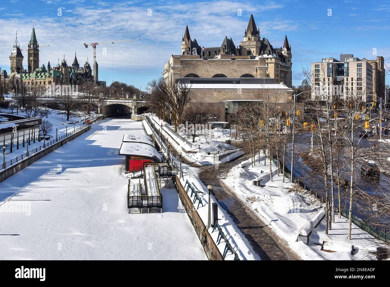 The Rideau Canal still not open for skating as of February 8, 2023 due to a mild winter. The success of the annual Winterlude festival has been curtai Stock Photo