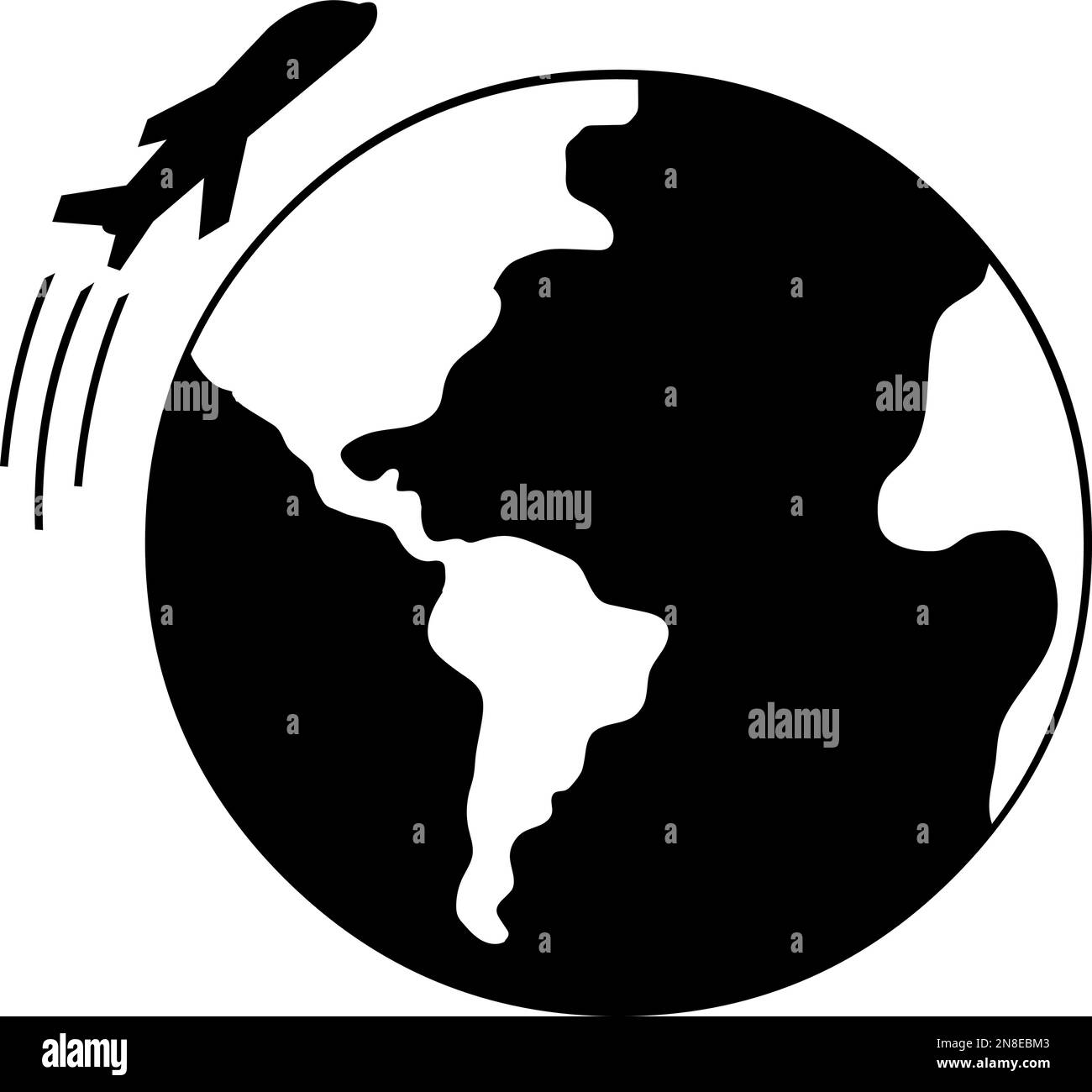 vector illustration icon of a plane and planet earth, in concept of traveling the world. Drawn in black and white Stock Vector