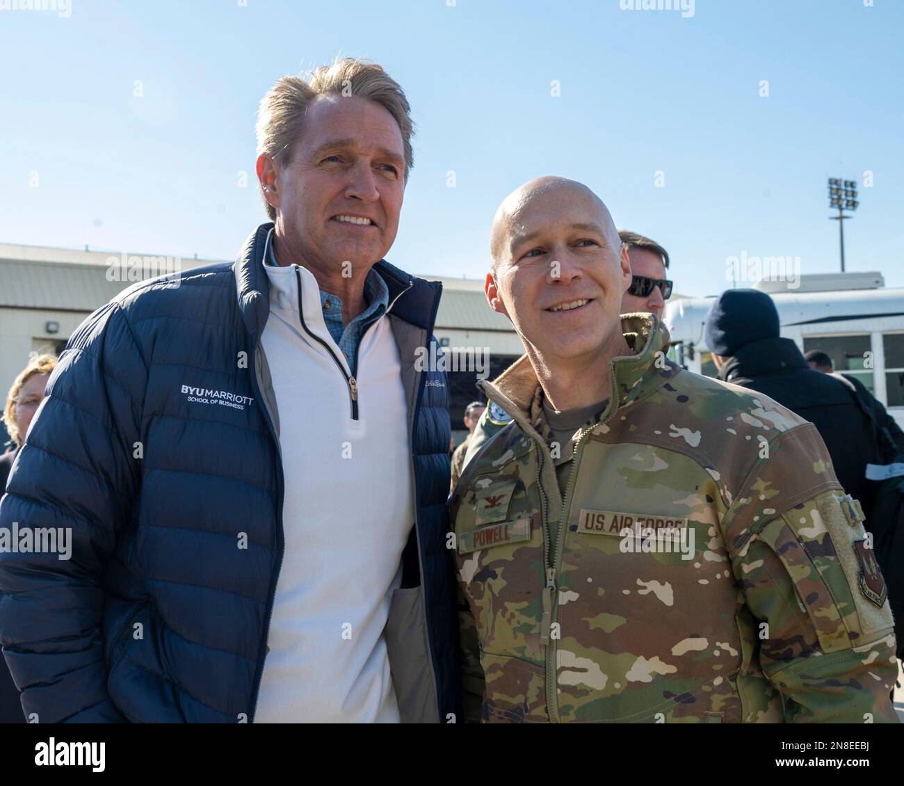 Adana, Turkey. 08th Feb, 2023. U.S. Ambassador to Turkey Jeffry Flake, left, poses with U.S. Air Force Col. Calvin Powell, 39th Air Base Wing commander, as he arrives with rescue workers at Incirlik Air Base, February 8, 2023 in Adana, Turkey. The Disaster Assistance Response Team arrived to join the search and rescue operations following a massive earthquake that struck central-southern Turkey and northern Syria. Credit: SrA David McLoney/US Air Force Photo/Alamy Live News Stock Photo