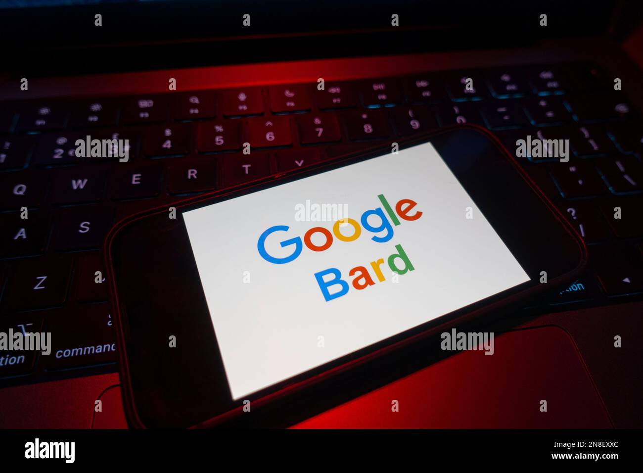 Digital composite of Google Bard AI chatbot logo on phone screen Stock Photo