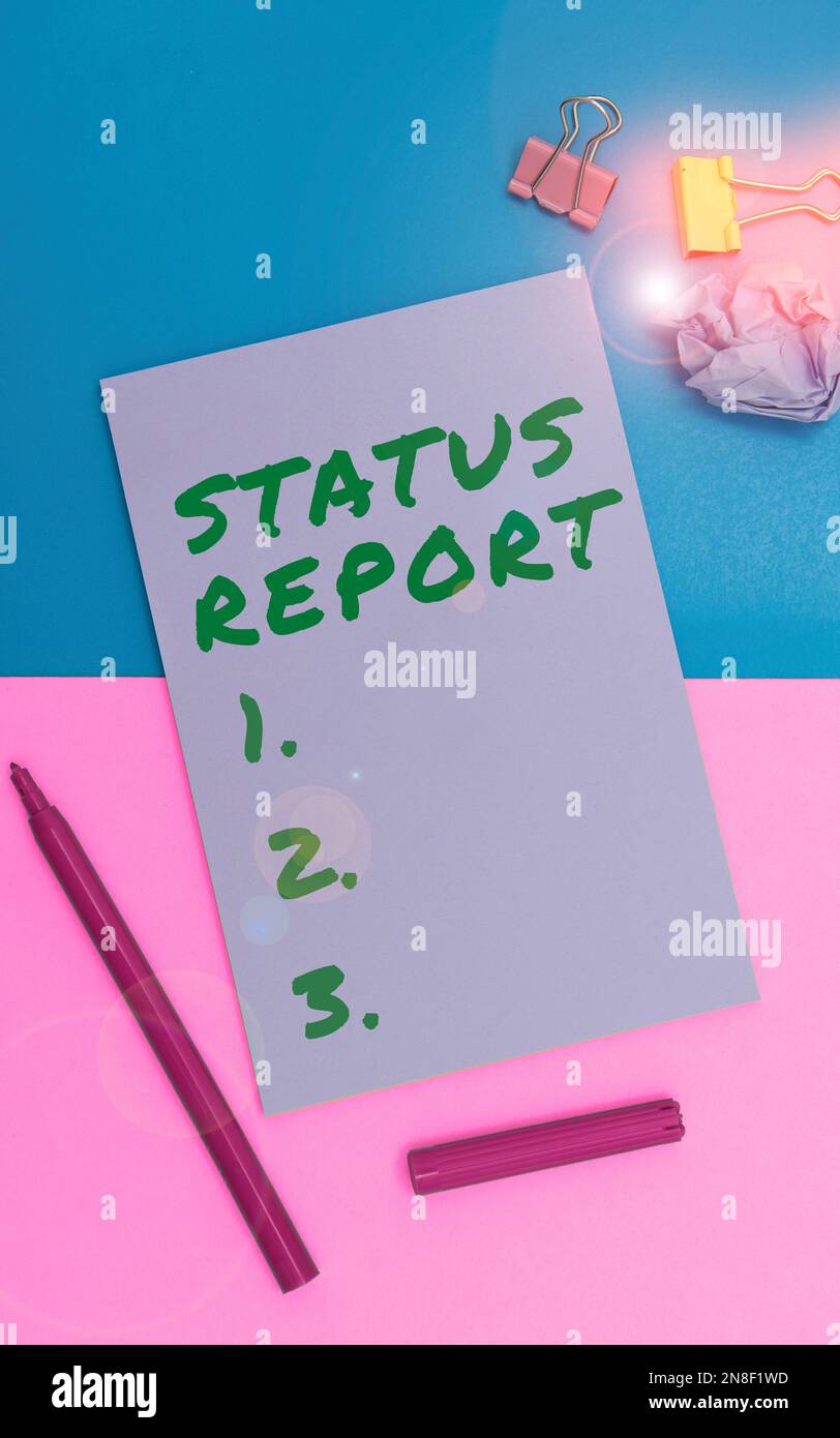 Hand writing sign Status Report. Internet Concept Update Summary of ...