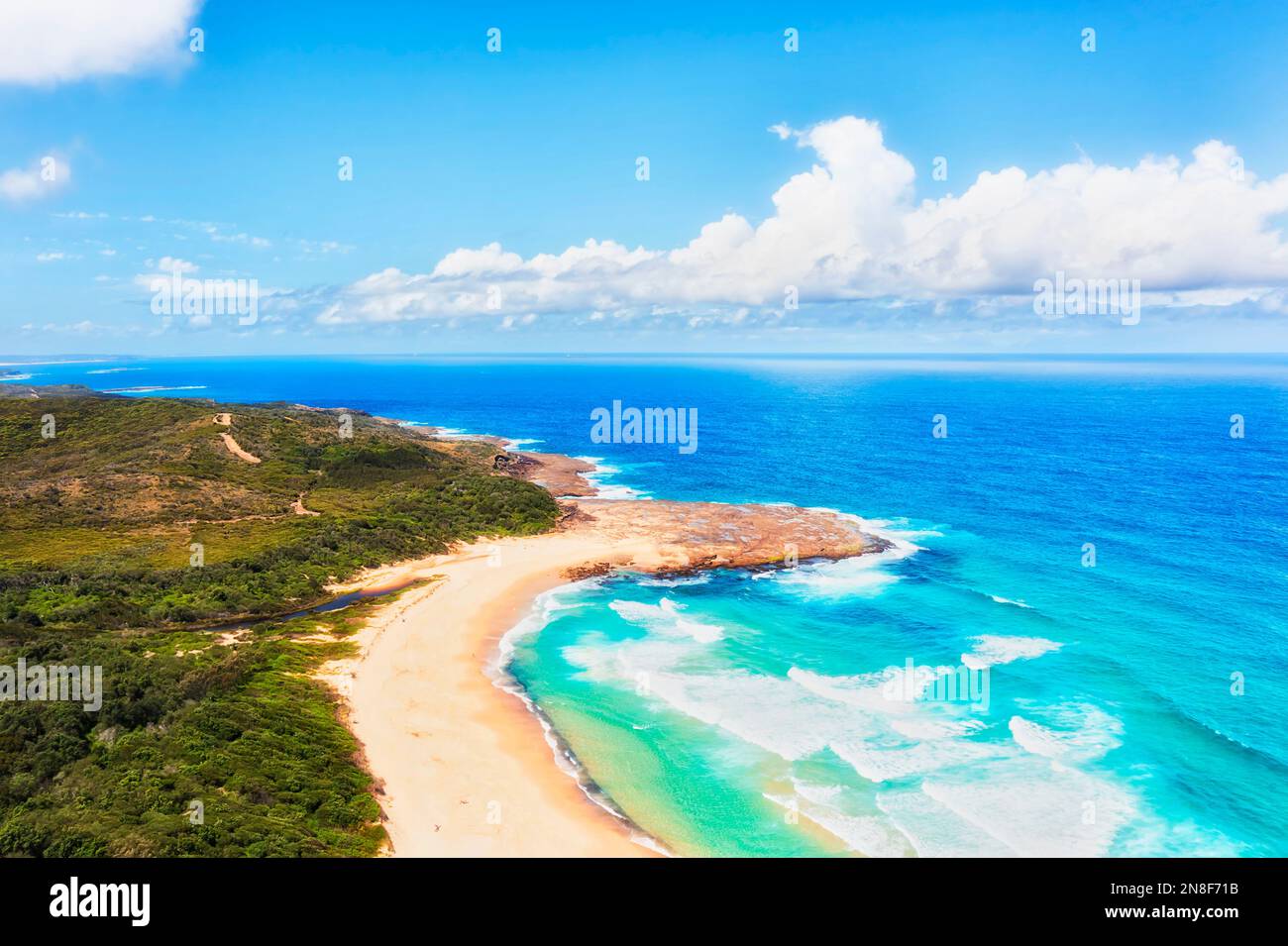 Scenic Pacific coast of Australia at Catherine Hill bay Middle Camp beach - aerial seascape. Stock Photo