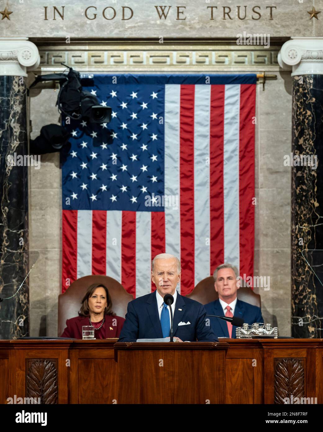 Washington, United States Of America. 07th Feb, 2023. Washington, United States of America. 07 February, 2023. U.S President Joe Biden delivers his State of the Union address to the joint session of Congress, February 7, 2023 in Washington, DC Vice President Kamala Harris, left, and Speaker Kevin McCarthy, right, sit behind. Credit: Adam Schultz/White House Photo/Alamy Live News Stock Photo