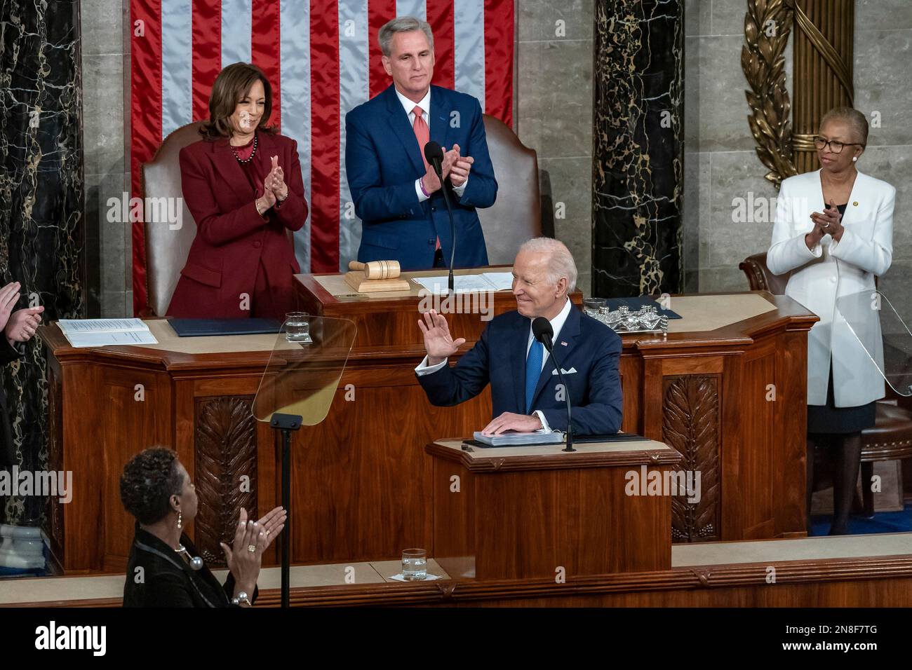 Washington, United States Of America. 07th Feb, 2023. Washington, United States of America. 07 February, 2023. U.S President Joe Biden delivers his State of the Union address to the joint session of Congress, February 7, 2023 in Washington, DC Vice President Kamala Harris, left, and Speaker Kevin McCarthy, right, sit behind. Credit: Carlos Fyfe/White House Photo/Alamy Live News Stock Photo