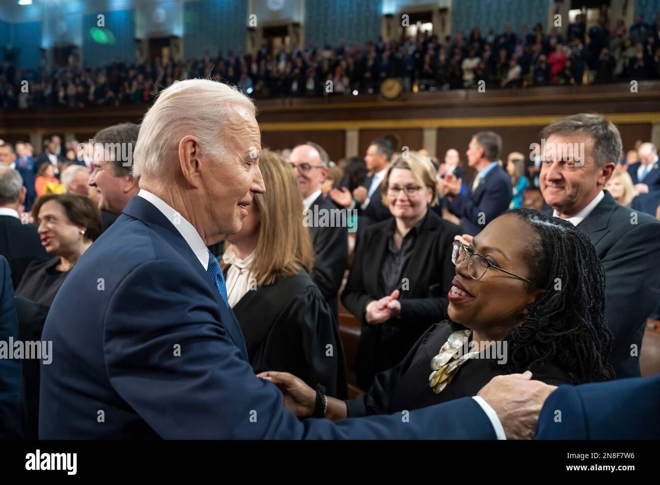 Washington, United States Of America. 07th Feb, 2023. Washington, United States of America. 07 February, 2023. U.S President Joe Biden greets Associate Justice Ketanji Brown Jackson as he arrives to the House floor s as he arrives to deliver his State of the Union address to the joint session of Congress, February 7, 2023 in Washington, DC Credit: Adam Schultz/White House Photo/Alamy Live News Stock Photo