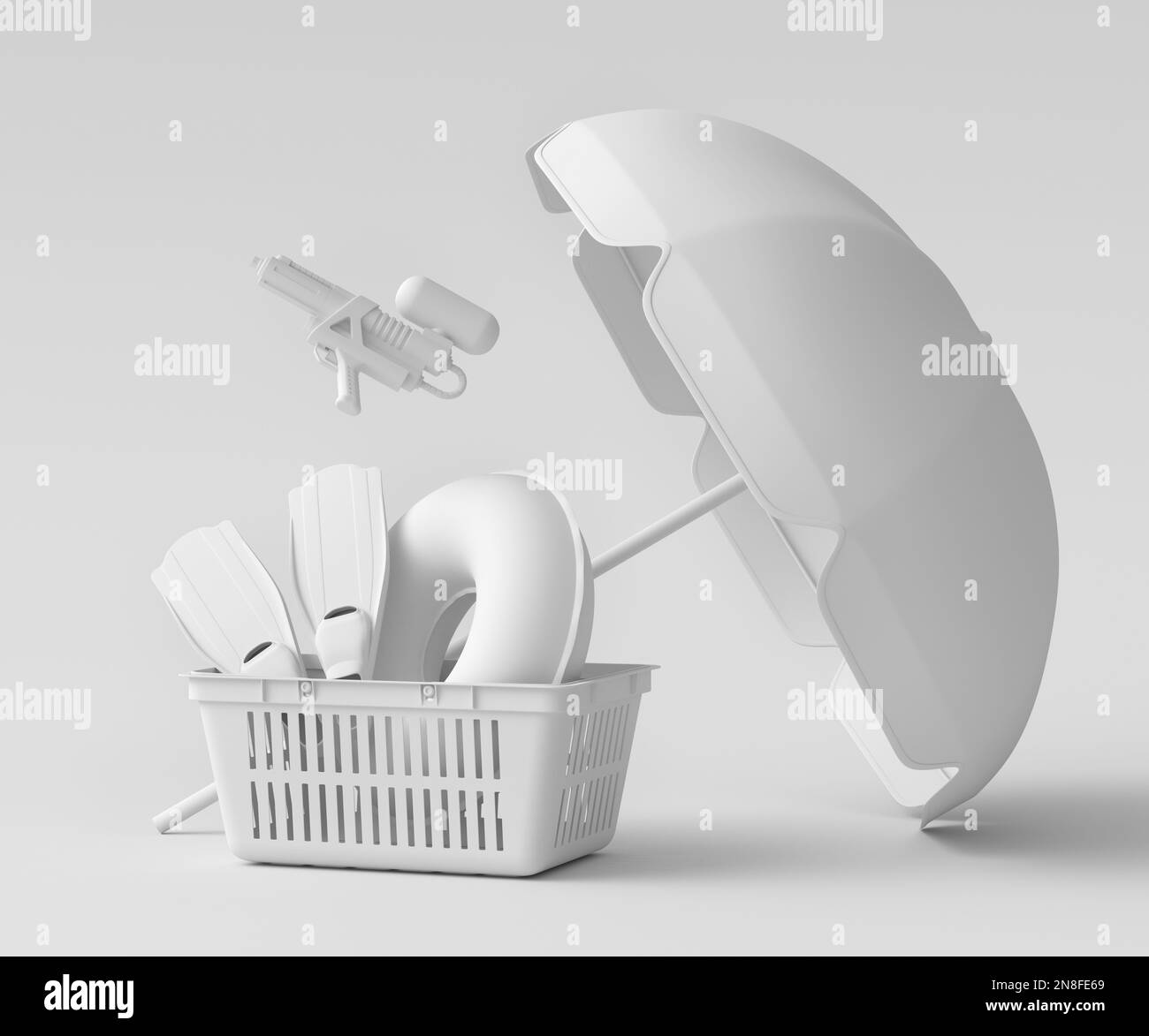 Colorful luggage with beach accessories and shopping basket flying on