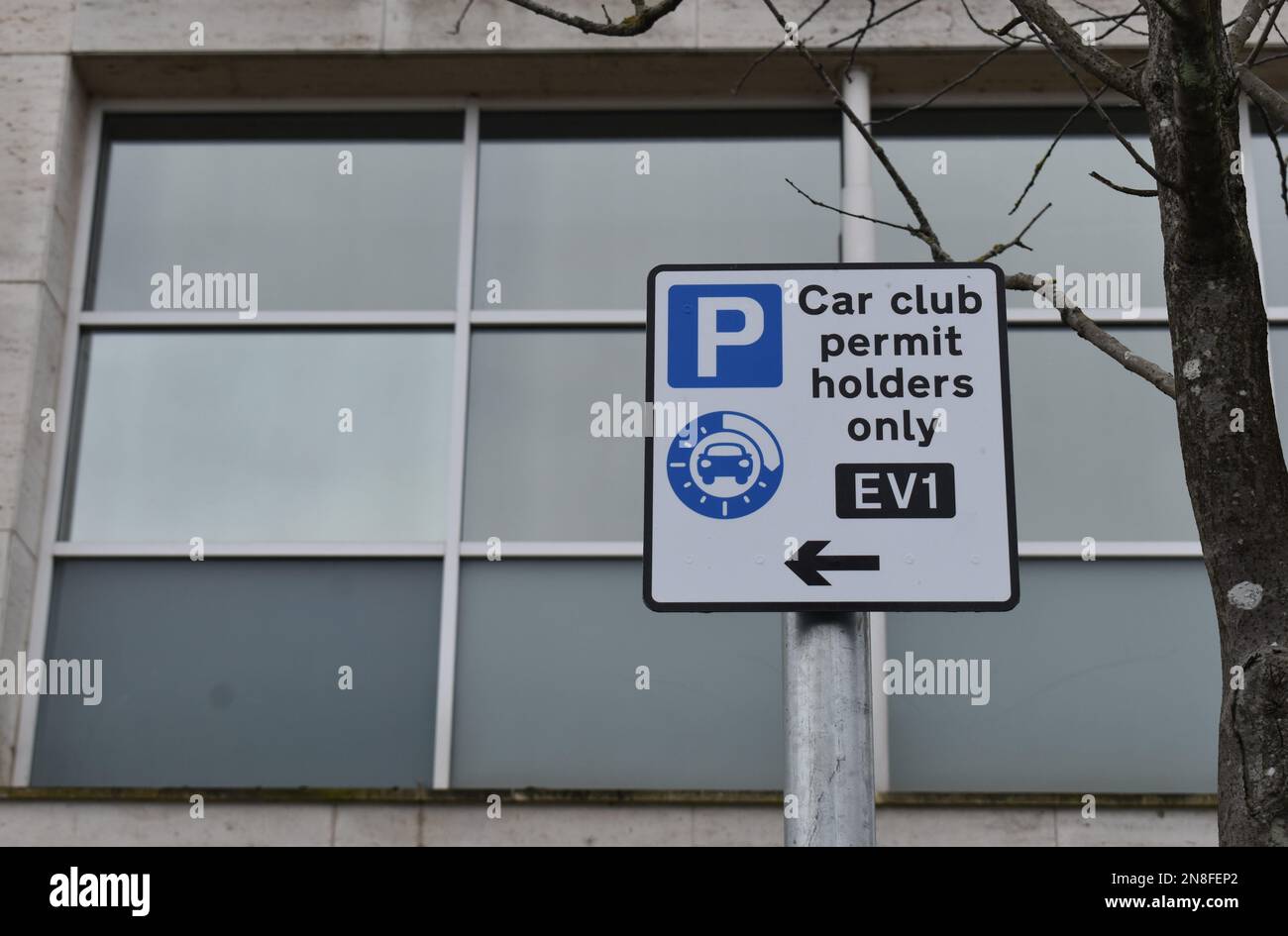 Sign: 'Car Club permit holders only' with copy space in Milton Keynes. Stock Photo