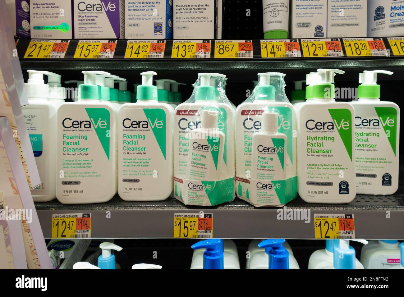Cera brand foaming facial cleanser display on a store shelf. USA Stock