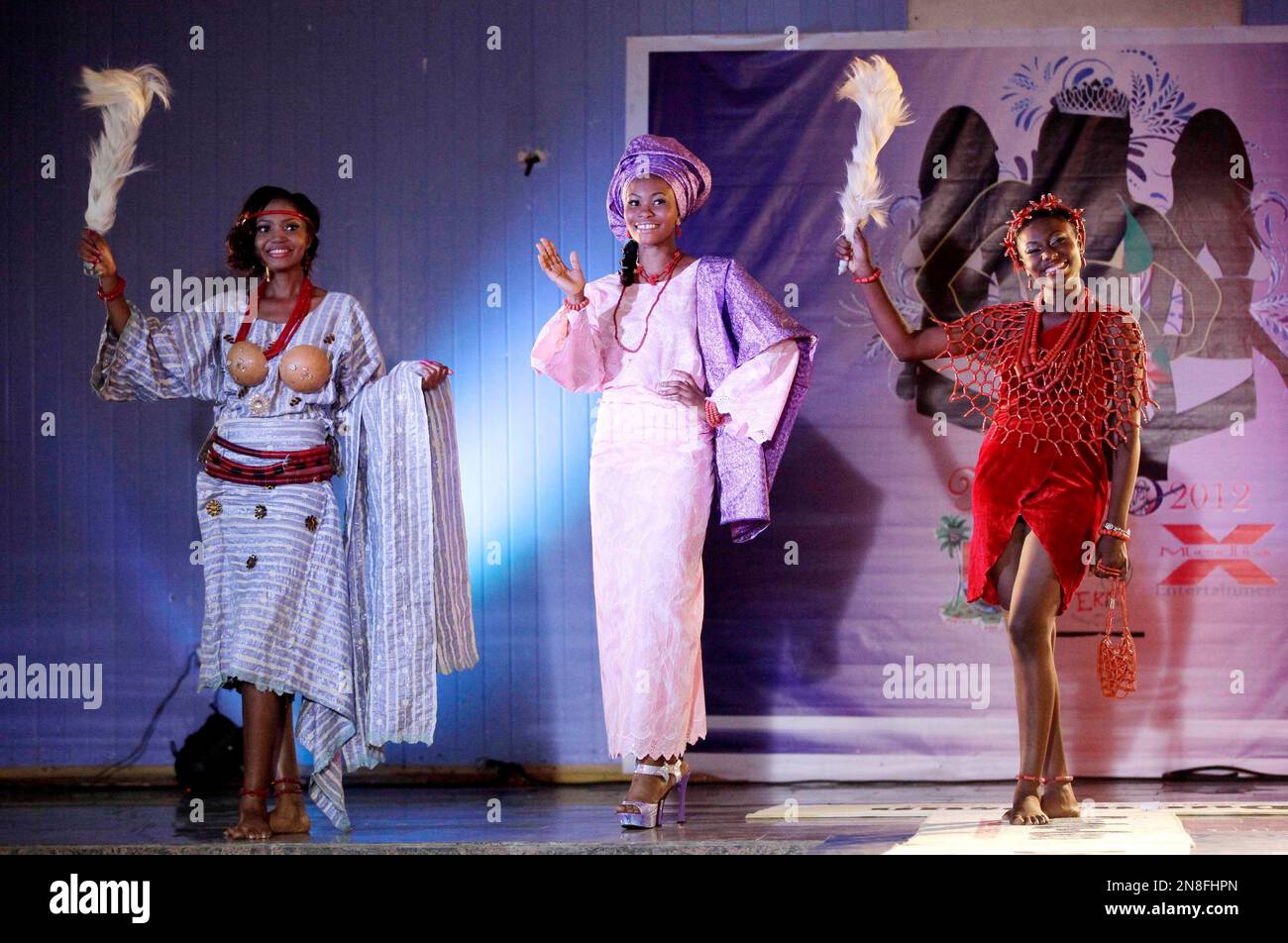 Contestants for the Miss Eko 18th National sports festival beauty pageant pose, wearing