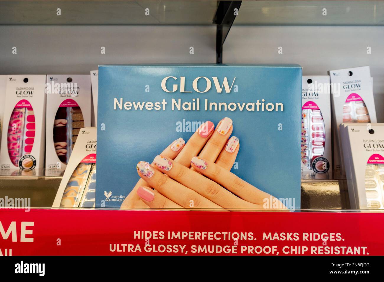 Store display of Glow brand artifical nails in a package. Stylish & beautiful. Wichita, Kansas, USA. Stock Photo