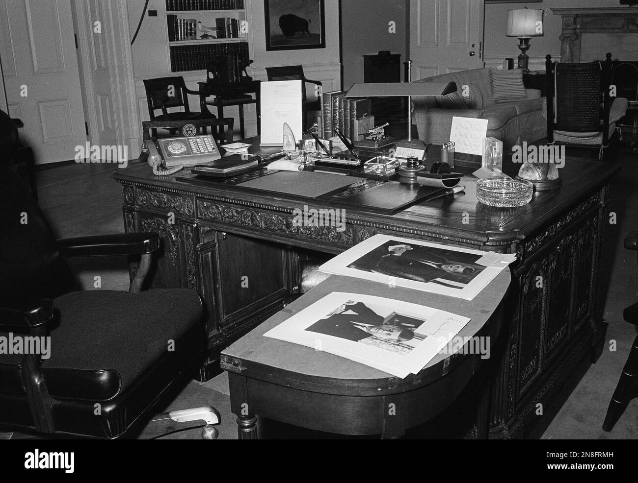 View of the top of President Kennedy's desk (The Resolute Desk) in the