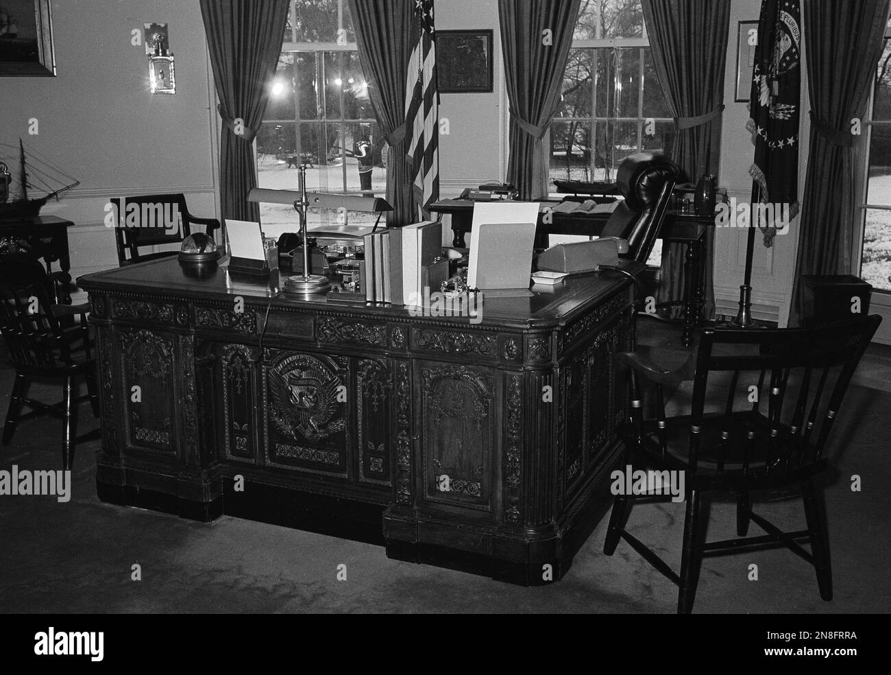 President John F. Kennedy's desk (The Resolute Desk) in the Oval Office