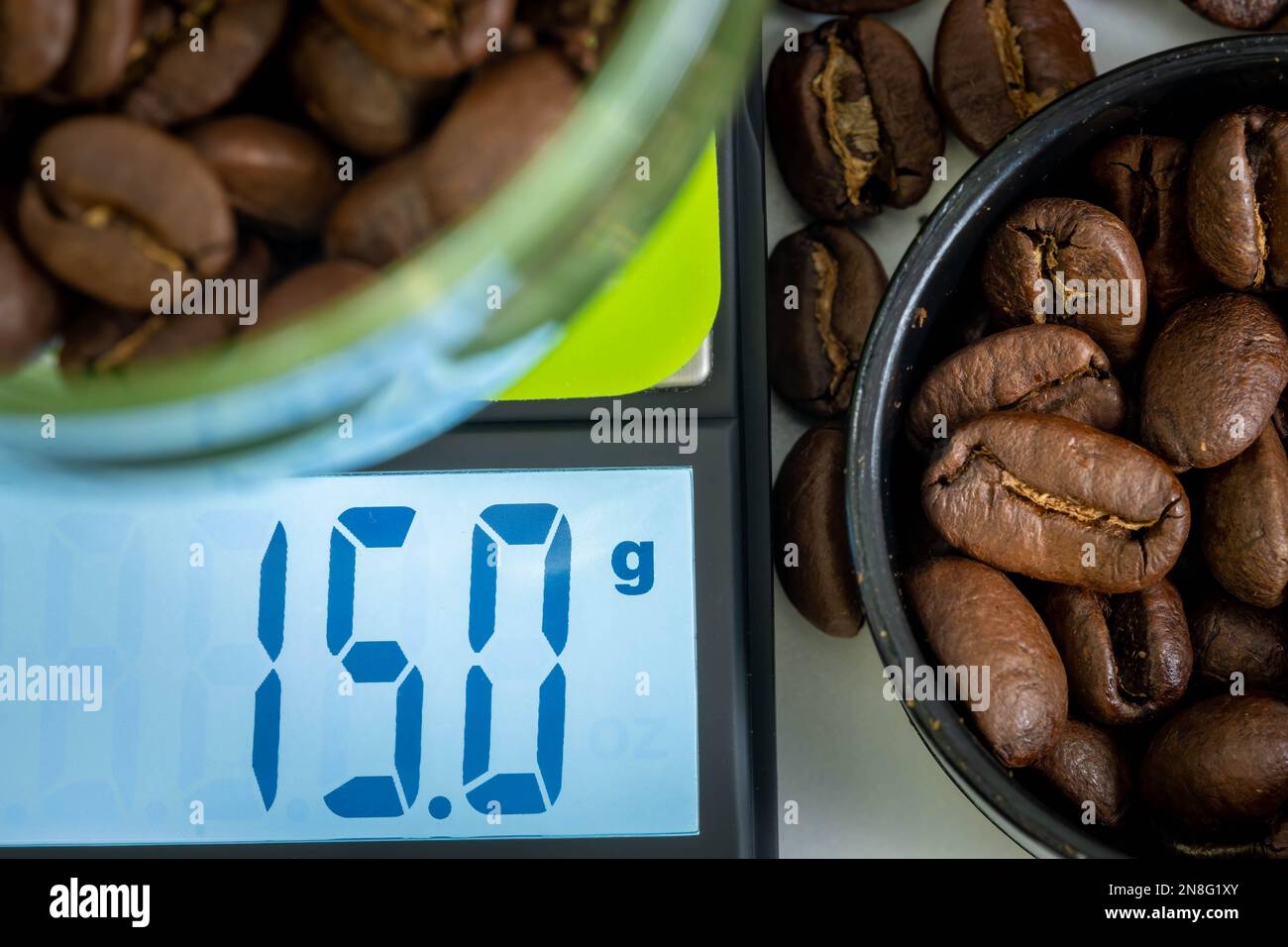 Weighting out just the right amount of coffee beans for a double pull