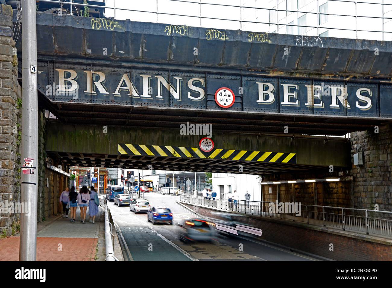 Brains Beers advertisement on a railway bridge in Cardiff Centre.  Taken Summer 2022. Stock Photo
