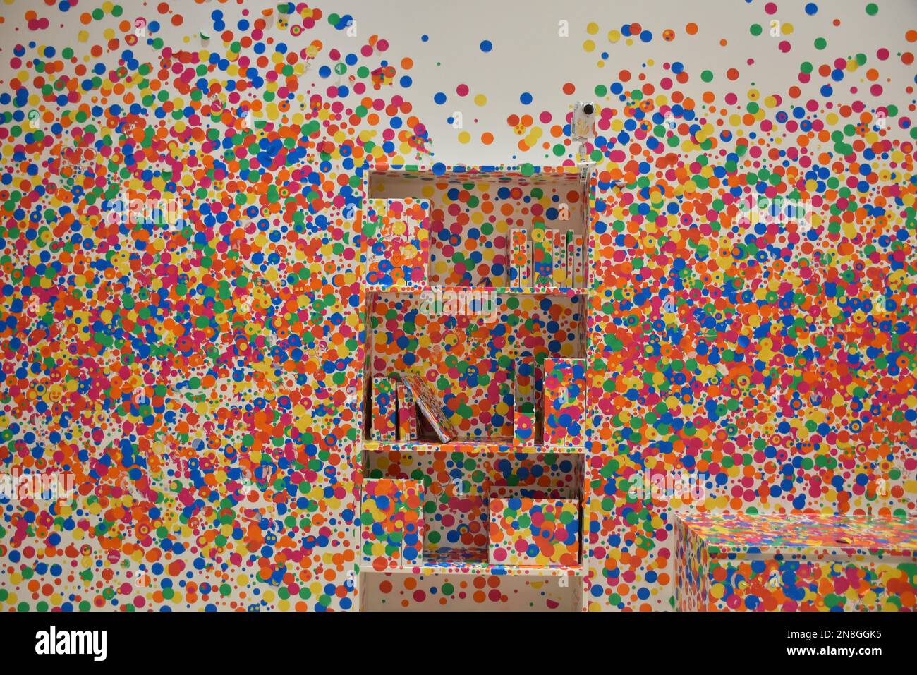 A beautiful view of the polkadot art at the yayoi kusama's exhibition Stock Photo