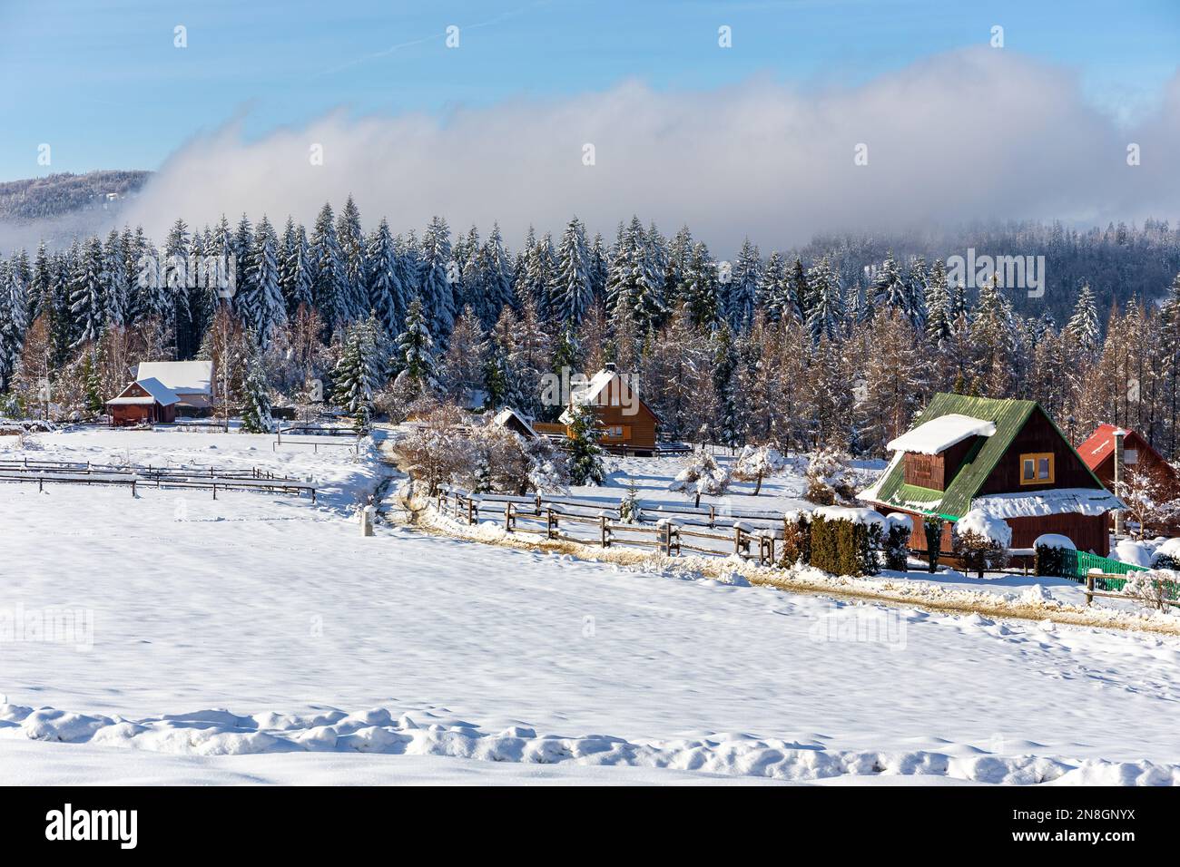 Plone farm village in Zabnica, Wegierska Gorka, Poland, traditional wooden mountain style cottages covered with snow with snowy Beskid Mountains and m Stock Photo