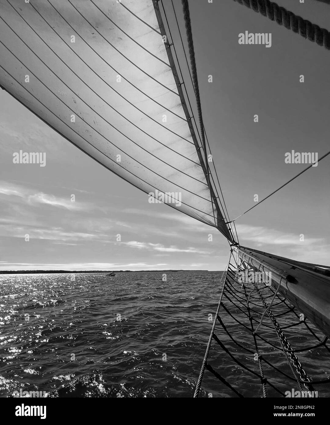 Headsail and bowsprit of an antique tall ship sailing on Maine's Penobscot Bay Stock Photo