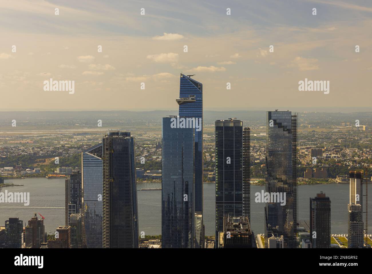 Beautiful view of coast of Hudson river in Manhattan with skyscrapers