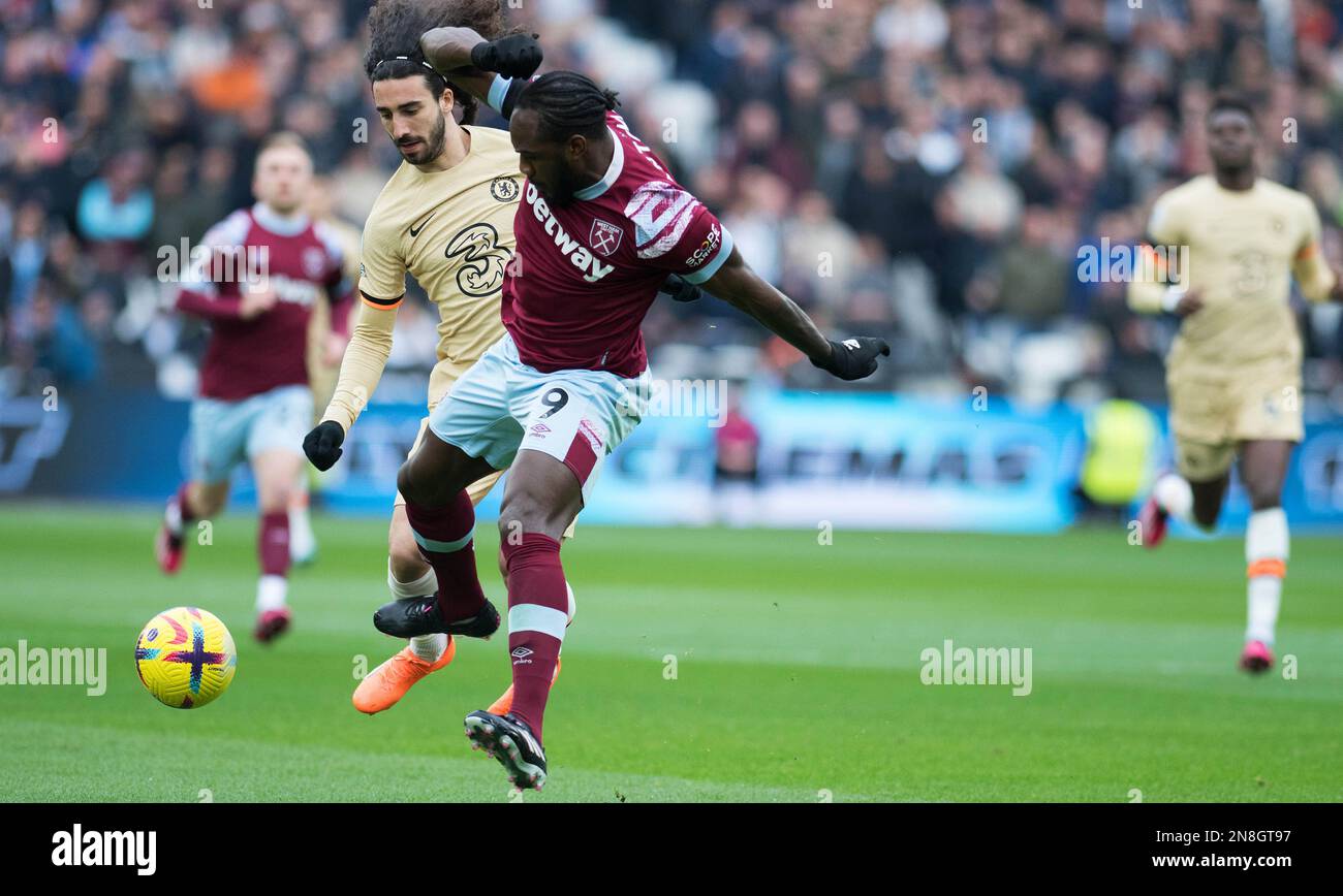 London, UK. 11th Feb, 2023. MIchail Antonio of West Ham and Marc