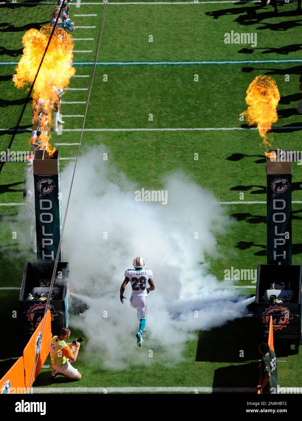 Miami Dolphins cornerback Nolan Carroll (28) is introduced before the first half of an NFL