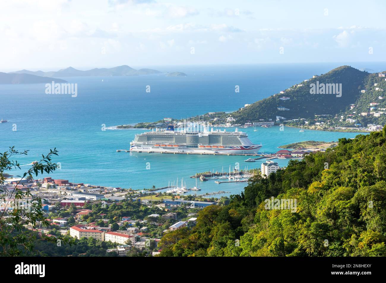 P&O Cruise ship docked in  Road Town from Ridge Road lookout, Tortola, The British Virgin Islands (BVI), Lesser Antilles, Caribbean Stock Photo