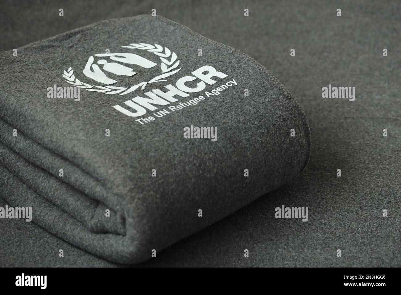 KYIV, UKRAINE MAY 4, 2022 UNHCR The UN Refugee Agency logo on