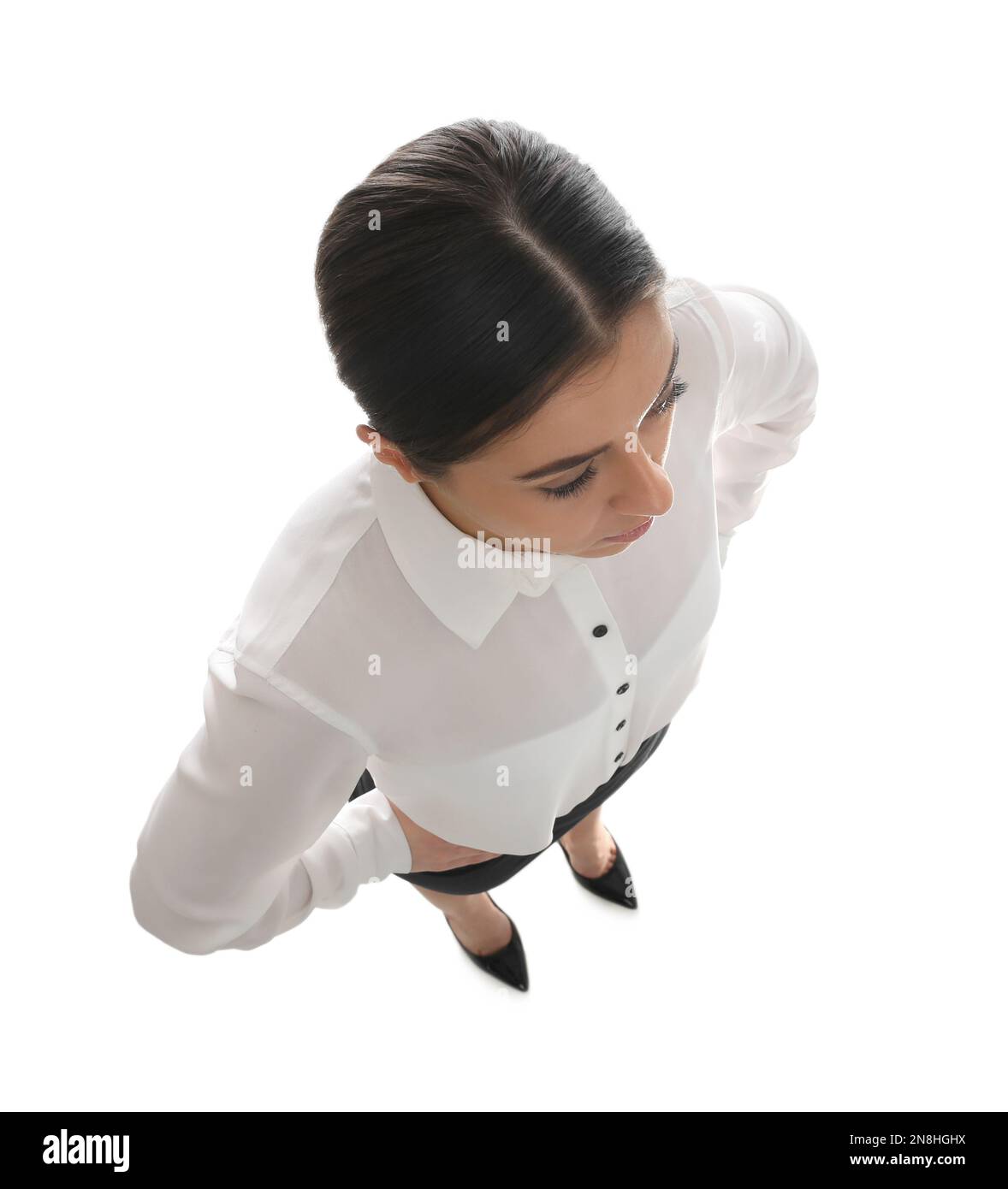 Young woman on white background, above view Stock Photo - Alamy