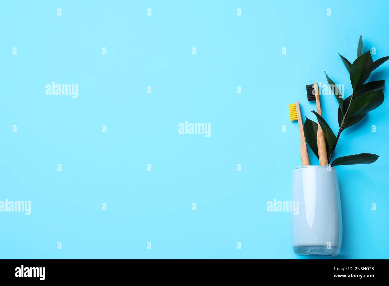 Holder with bamboo toothbrushes on light blue background, top view ...