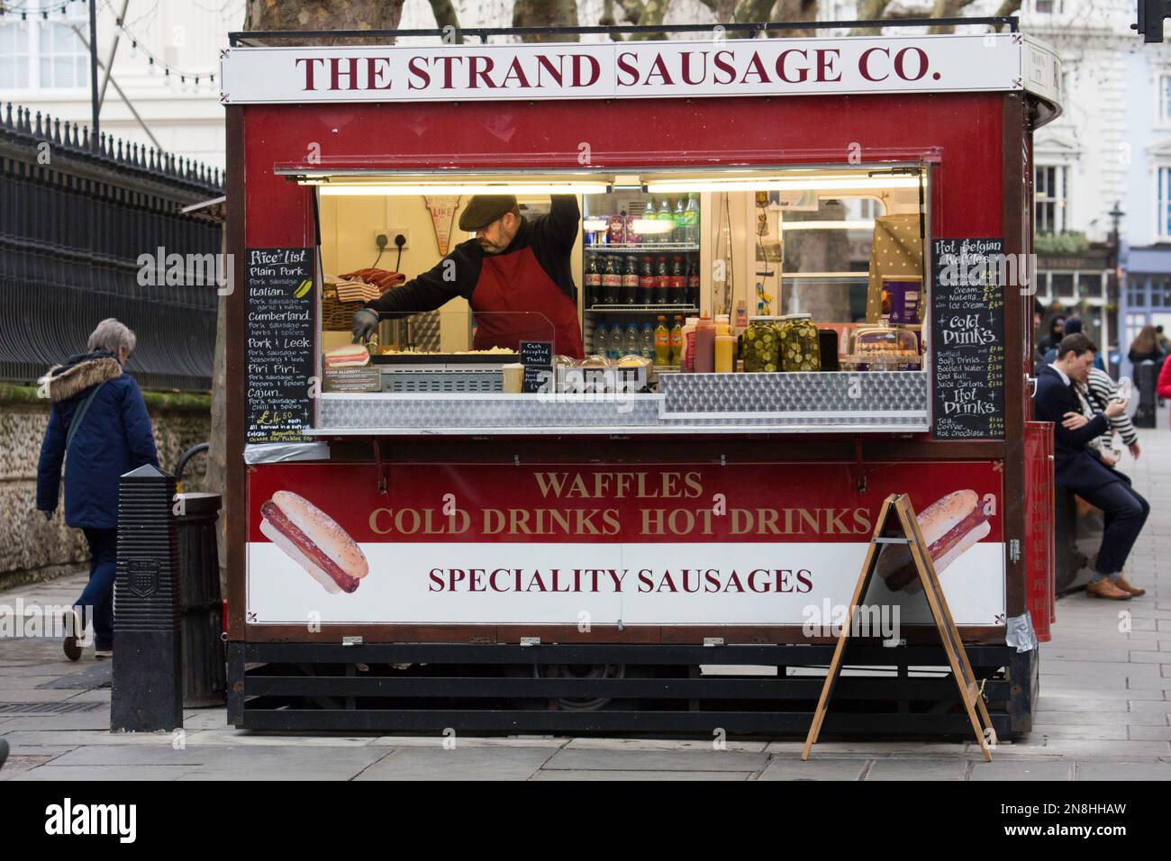 Strand Sausage company street food stall on the Strand London Stock